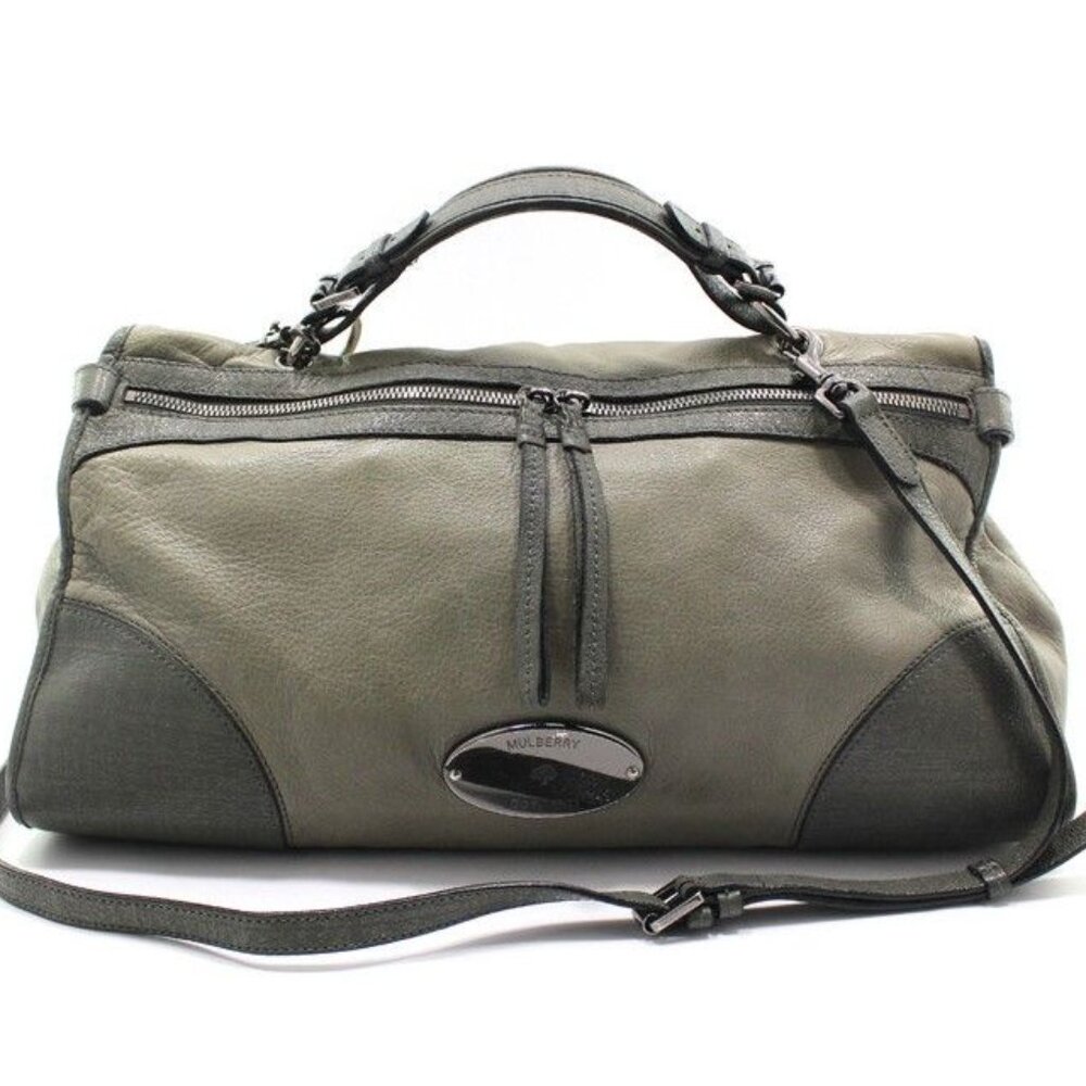 2000s Mulberry Gray Leather Large 2-Way Bag Shoulder Bag Top Handle Bag.